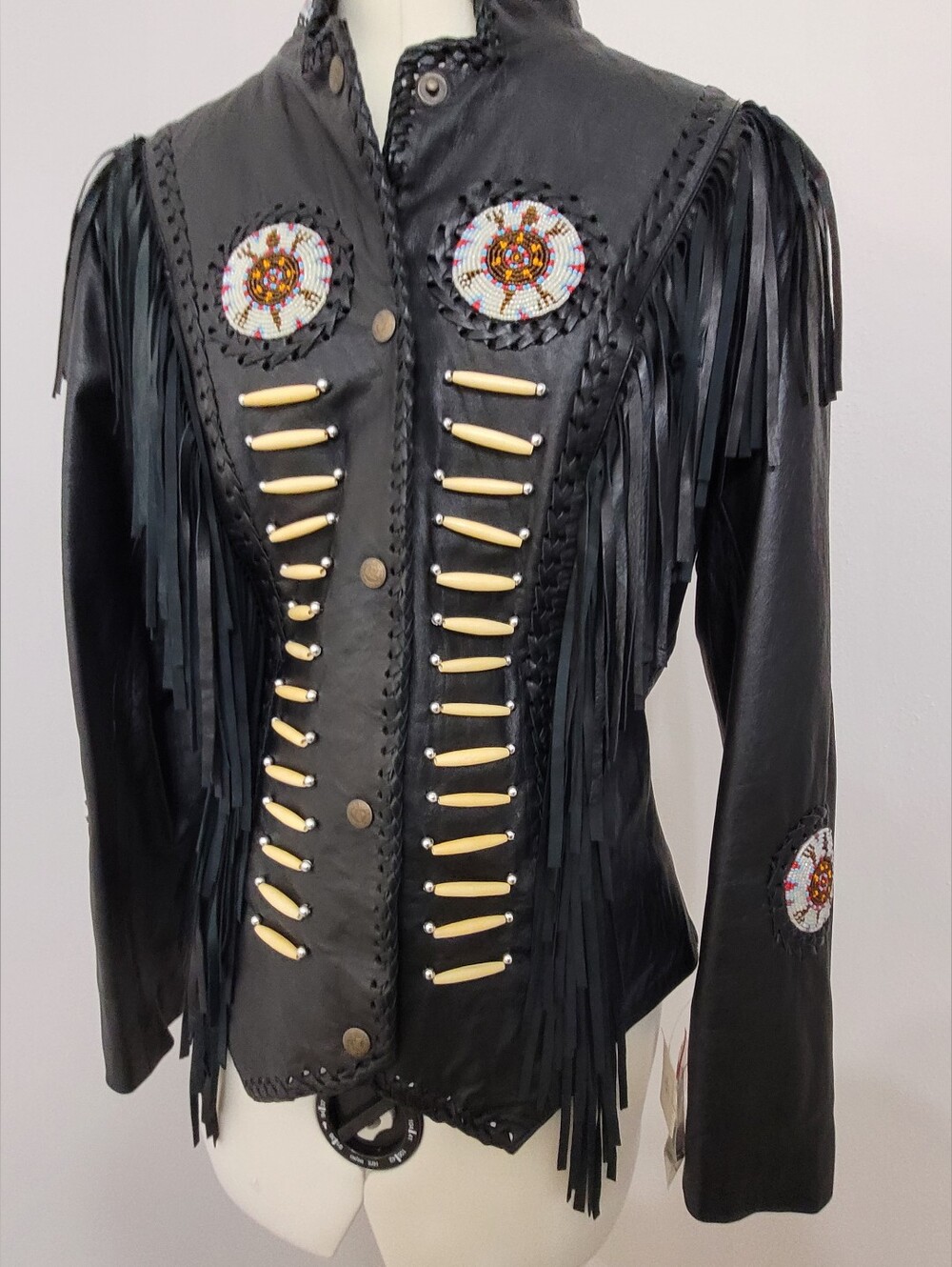 True Vintage Black Leather Western Fringe Leathet Jacket with Bone And Beads